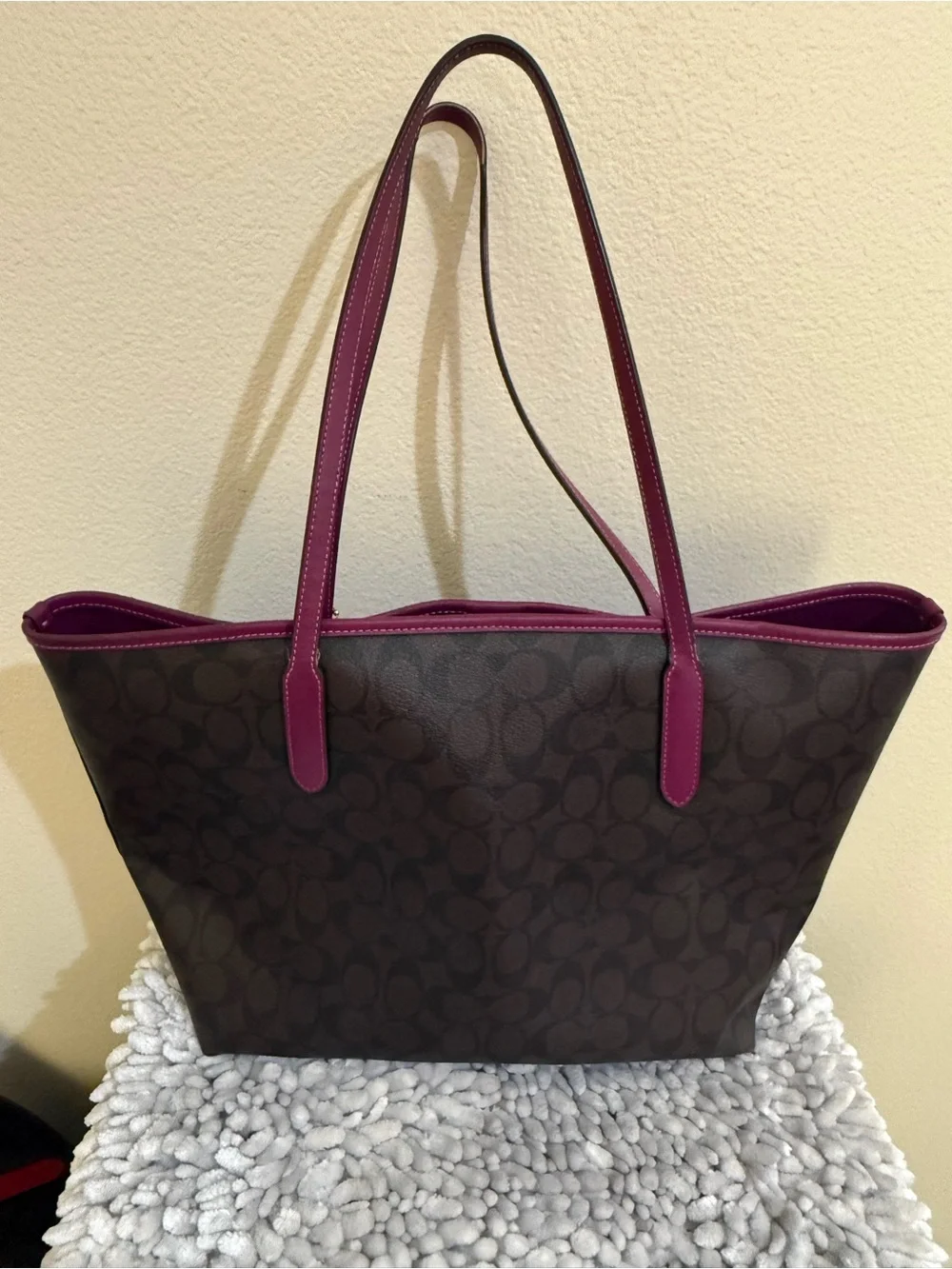 Coach Black Signature Tote with Plum Trim